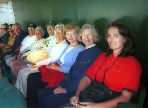 at the ball game: Michele, Henry, Audrey, and young Tom, with Audrey's Aunt Mabel and cousins at the A's - Giants game last summer.