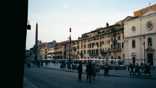 Piazza Navona at Twilight: This view of the Piazza from its southern end captures the beauty of the buildings surrounding the Piazza.