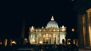 St Peter's at Night: The lovely facade of St Peter's, restored in time for the Millennium.