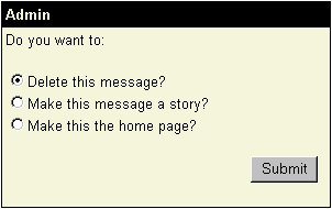 Admin Dialog Picture: A picture of the Admin Dialog, showing how to promote a DG message to a story and/or the Home Page of the site.