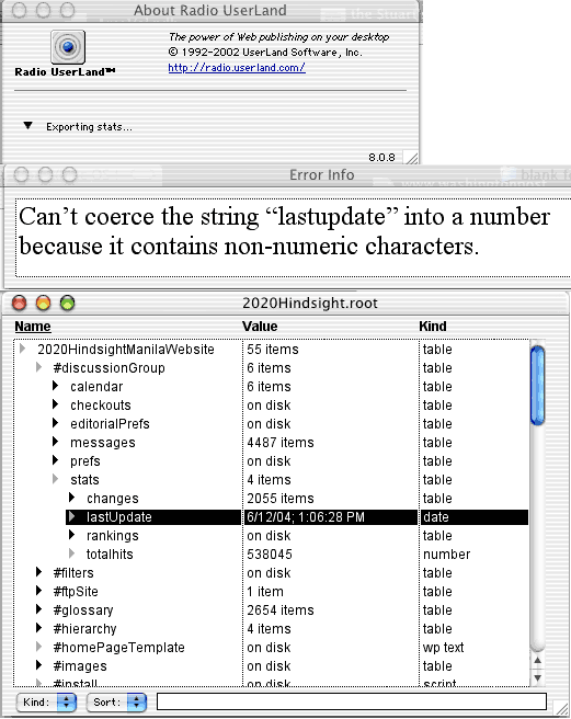 problem with stats while exporting site to XML using Radio UserLand. 